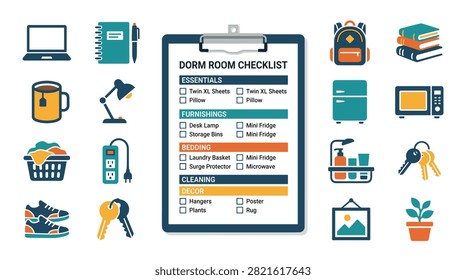 Dorm room essentials checklist surrounded by bedding, kitchen, and decor icons in solid icon vector illustration ideal for college shopping content.