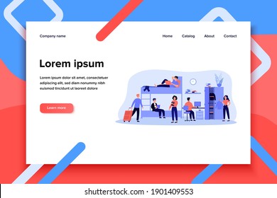 Dorm room for living, sleeping and studying in academic year flat vector illustration. Cartoon students in college hostel or alternative house. Architecture and accommodation concept