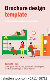 Dorm room for living, sleeping and studying in academic year flat vector illustration. Cartoon students in college hostel or alternative house. Architecture and accommodation concept