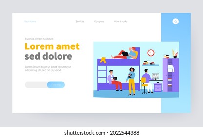 Dorm room for living, sleeping and studying in academic year flat vector illustration. Cartoon students in college hostel or alternative house. Architecture and accommodation concept