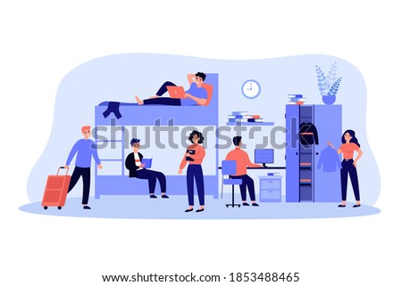 Dorm room for living, sleeping and studying in academic year flat vector illustration. Cartoon students in college hostel or alternative house. Architecture and accommodation concept