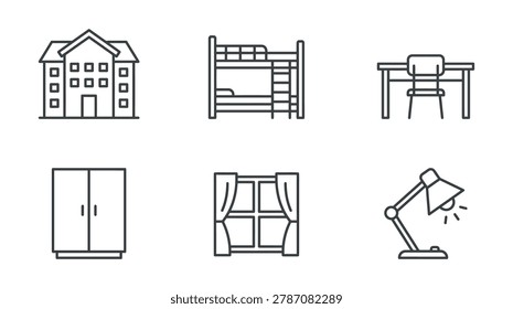 Dorm room vector icons illustrating elements for student living study and rest Suitable for educational and lifestyle design applications