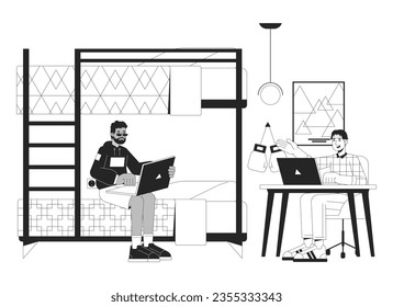 Dorm roommates studying together bw vector spot illustration. Dormitory boys 2D cartoon flat line monochromatic characters for web UI design. Doing homework editable isolated outline hero image