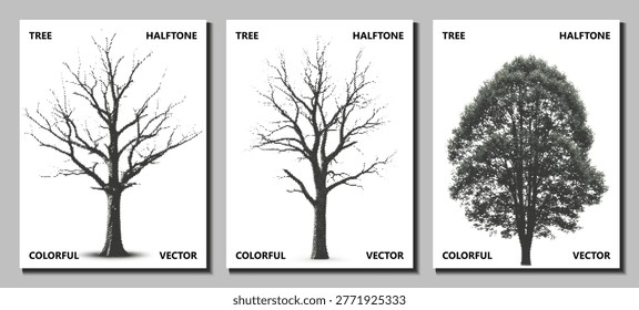 dormant bare tree winter set in pop art halftone vector collection isolated for dead forest