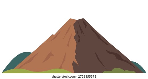 Vulcão adormecido. Atividade vulcânica natural. Montanha colina rochosa com grama verde. Vetor