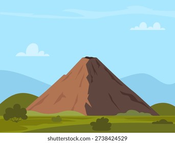 Dormant volcano. Natural volcanic activity. Mountain rocky hill with green grass. Vector