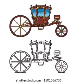 Dormeuse chariot for marriage or royal vintage carriage, medieval waggon or retro buggy. Berlinda Da Casa Real. Transport for fairytale queen or princess. Icon of old transport with contour. Wedding