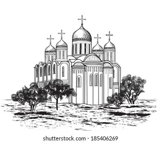 Dormition Cathedral in Vladimir. Ancient russian city symbol. Travel Russia icon. Hand drawn sketch cathedral.