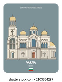 Dormition of the Theotokos Cathedral in Varna, Bulgaria. Architectural symbols of European cities. Colorful vector 