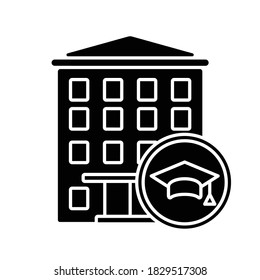 Dormitory black glyph icon. Students residence hall. Accommodation for freshmen. University campus building. Education. Silhouette symbol on white space. Vector isolated illustration