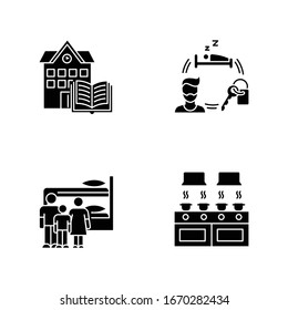 Dormitory Black Glyph Icons Set On White Space. Family Dorm. Communal Kitchen. Common Space. Shared Bedroom. Campus Library. Living Conditions. Silhouette Symbols. Vector Isolated Illustration