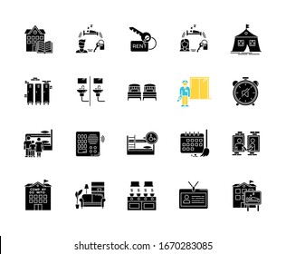 Dormitory black glyph icons set on white space. Communal space. Living accommodations. Hostel, hotel. Shared room. Common bedroom. University campus. Silhouette symbols. Vector isolated illustration