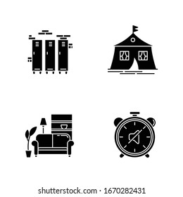 Dormitory conditions black glyph icons set on white space. Lockers. Gym, swimming pool storage closets. Marquee tent. Dorm quiet hours. Living room. Silhouette symbols. Vector isolated illustration
