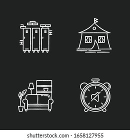 Dormitory conditions chalk white icons set on black background. Lockers. Gym, swimming pool closets. Marquee tent. Dorm quiet hours. Living room. Shared space. Isolated vector chalkboard illustrations