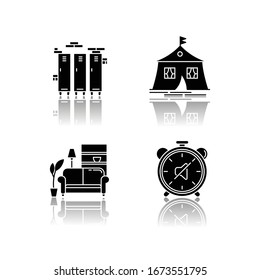 Dormitory conditions drop shadow black glyph icons set. Lockers. Gym, swimming pool closets. Marquee tent. Dorm quiet hours. Living room. Shared space. Isolated vector illustrations on white space