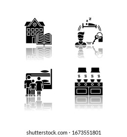 Dormitory Drop Shadow Black Glyph Icons Set. Family Dorm. Communal Kitchen. Common Space. Shared Bedroom. Renting. Campus Library. Living Conditions. Isolated Vector Illustrations On White Space