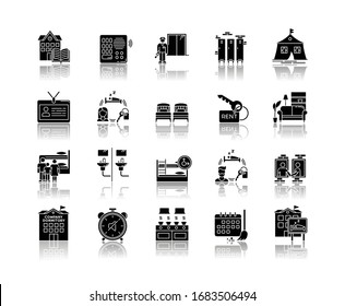 Dormitory drop shadow black glyph icons set. Communal space. Living accommodations. Hostel, hotel. Shared room. Common bedroom. University campus. Isolated vector illustrations on white space