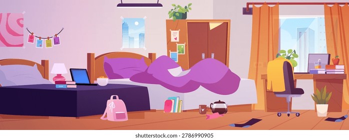 Dormitory or hostel interior bedroom in a mess, scattered things. Furniture wardrobe, table with laptop, beds and armchair. Vector cartoon interior of empty dorm bedroom or students apartment