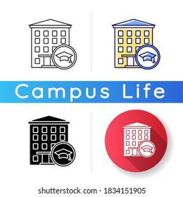 Dormitory icon. Students residence hall. Accommodation for freshmen. University campus building. Education. Architecture. Linear black and RGB color styles. Isolated vector illustrations