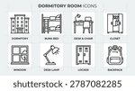 Dormitory icons line art featuring room furniture ideal for showing student living spaces and accomodations needs