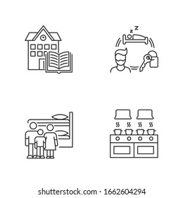 Dormitory pixel perfect linear icons set. Common space. Renting. Campus library. Living conditions. Customizable thin line contour symbols. Isolated vector outline illustrations. Editable stroke