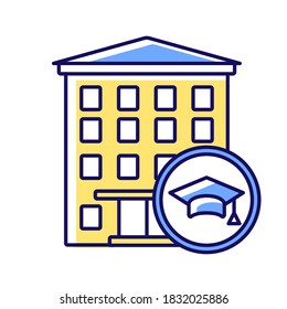 Dormitory RGB color icon. Students residence hall. Accommodation for freshmen. Students housing and apartments. University campus building. Education. Isolated vector illustration