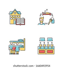 Dormitory RGB Color Icons Set. Family Dorm. Communal Kitchen. Common Space. Shared Bedroom. Renting. Campus Library. Living Conditions. Isolated Vector Illustrations