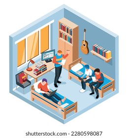 Dormitory room isometric object with group of students spending time together 3d vector illustration