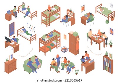 Dormitory room isometric set of studying and resting student characters and furniture items isolated vector illustration