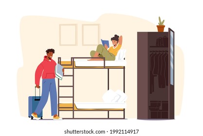 Dormitory Roommates Characters Live Together. Woman Read on Bunk Bed, Man Inn with Suitcase. College Students, University Lifestyle, Friends Sharing Room Concept. Cartoon People Vector Illustration