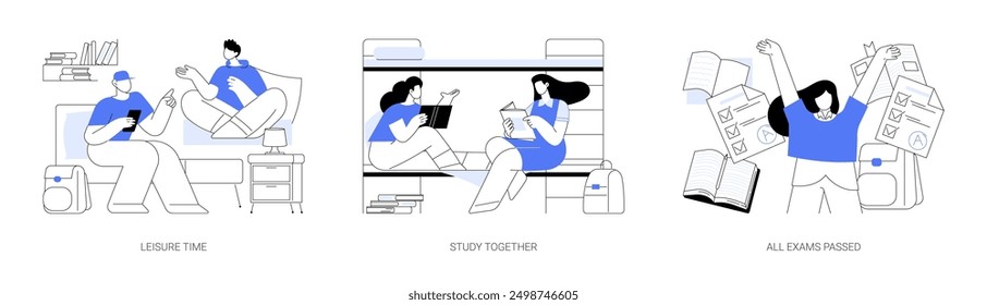 Dormitory time isolated cartoon vector illustrations set. Students spend time together in a room, classmates study together, preparing for exams, pass all tests, end of academic year vector cartoon.