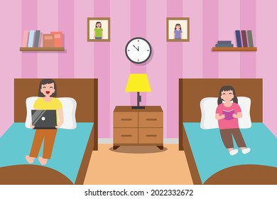 Dormitory vector concept: Two girl roommates enjoying leisure time together while using laptop and reading the book