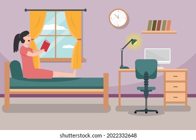 Dormitory vector concept: Young girl enjoying leisure time while reading the book on the bed