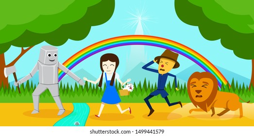 Dorothy and her friends going to wizard of Oz, vector art