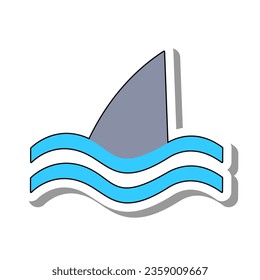 Dorsal fin sticker. Dangerous white shark peeking out of waves. Animals and fish inhabitants of sea depths and oceans. Flat paper sticker isolated on white background