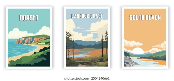 Dorset, Cannock Chase, South Devon Illustration Art. Travel Poster Wall Art. Minimalist Vector art