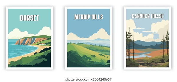 Dorset, Mendip Hills, Cannock Chase Illustration Art. Travel Poster Wall Art. Minimalist Vector art