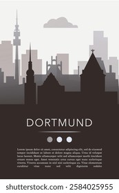 Dortmund city template for website, presentation, front page, invitation, publication sheet with skyline, landmarks. Vector Germany image layout, simple and grayscale