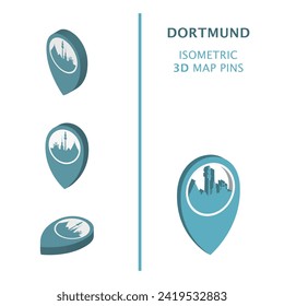 Dortmund Germany city 3D vector logo set. Isometric map pin, geolocation pointer, modern skyline icon, concept, isolated graphic