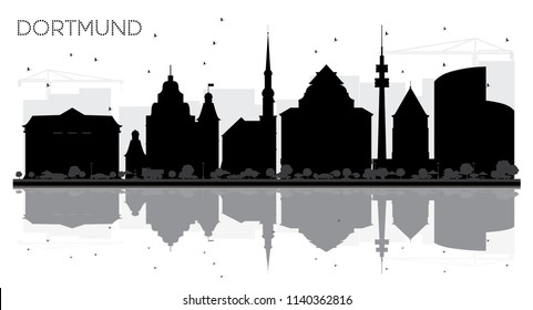 Dortmund Germany City Skyline Black and White Silhouette with Reflections. Vector illustration. Simple flat concept for tourism presentation, banner, placard or web. Dortmund Cityscape with Landmarks