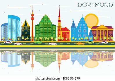 Dortmund Germany City Skyline with Color Buildings, Blue Sky and Reflections. Vector Illustration. Business Travel and Tourism Concept with Historic Architecture. Dortmund Cityscape with Landmarks.