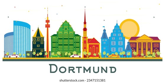 Dortmund Germany City Skyline with Color Buildings isolated on white. Vector Illustration. Business Travel and Tourism Concept with Historic Architecture. Dortmund Cityscape with Landmarks.