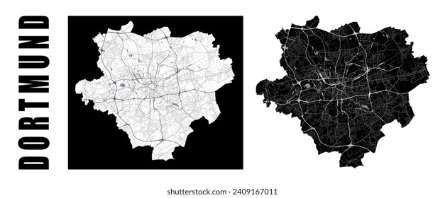 Dortmund map. Germany city within administrative municipal borders. Set of black and white vector maps. Streets and Emscher river, high resolution.