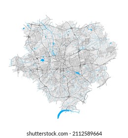 Dortmund, North Rhine-Westphalia, Germany high resolution vector map with city boundaries and editable paths. White outlines for main roads. Many detailed paths. Blue shapes and lines for water.