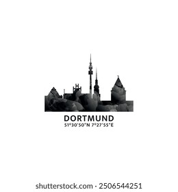 Dortmund panorama, vector badge, skyline logo and icon. Germany city horizon logotype with landmarks and building silhouettes. Isolated foggy abstract gradient graphic