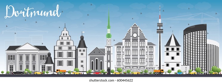 Dortmund Skyline with Gray Buildings and Blue Sky. Vector Illustration. Business Travel and Tourism Concept with Historic Architecture. Image for Presentation Banner Placard and Web Site.