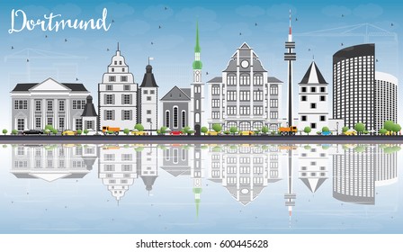Dortmund Skyline with Gray Buildings, Blue Sky and Reflections. Vector Illustration. Business Travel and Tourism Concept with Historic Architecture. Image for Presentation Banner Placard and Web Site.