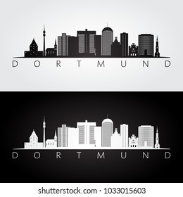 Dortmund skyline and landmarks silhouette, black and white design, vector illustration.