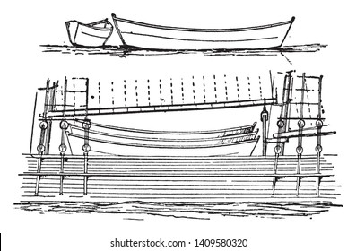 Dory is a small flat bottomed boat used in sea fisheries in which to go out from a larger vessel to catch fish, vintage line drawing or engraving illustration.