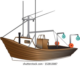 Dory wooden boat with commercial fishing equipment